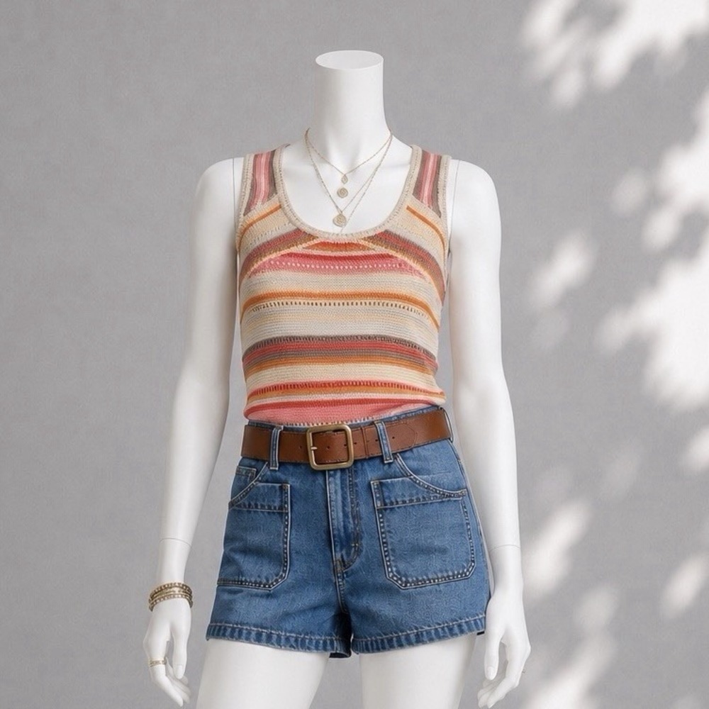 Reiss Miriam Crochet Tank M Beige Coral Stripe Open Knit Boho Resort Top NWT